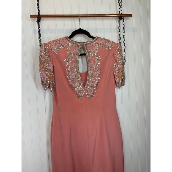 VTG Blacktie Oleg Cassini Maxi Mother Of The Bride Dress Peach Formal Silk 14 - Picture 7 of 8